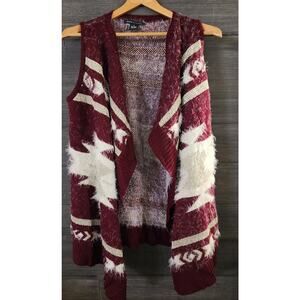 BCBG MAX‎ AZRIA sweater wrap vest women’s size S Plum white Aztec southwest EUC